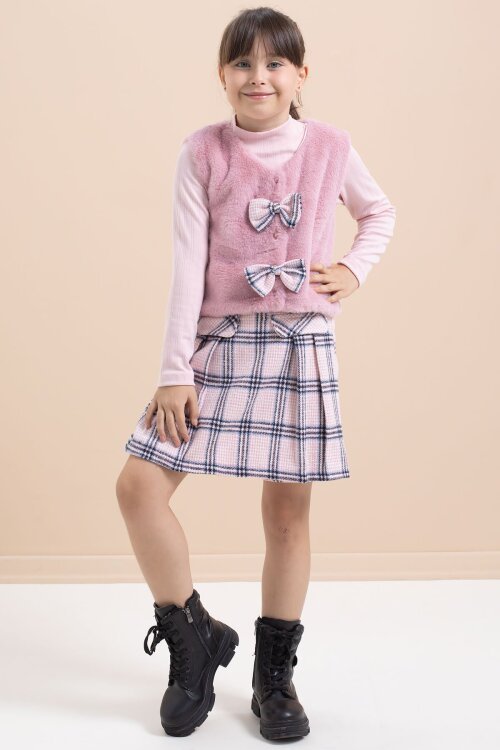 Pembe Kız Çocuk Peluş Yelekli Ekose Desenli Şort Etekli 3lü Takım 21525