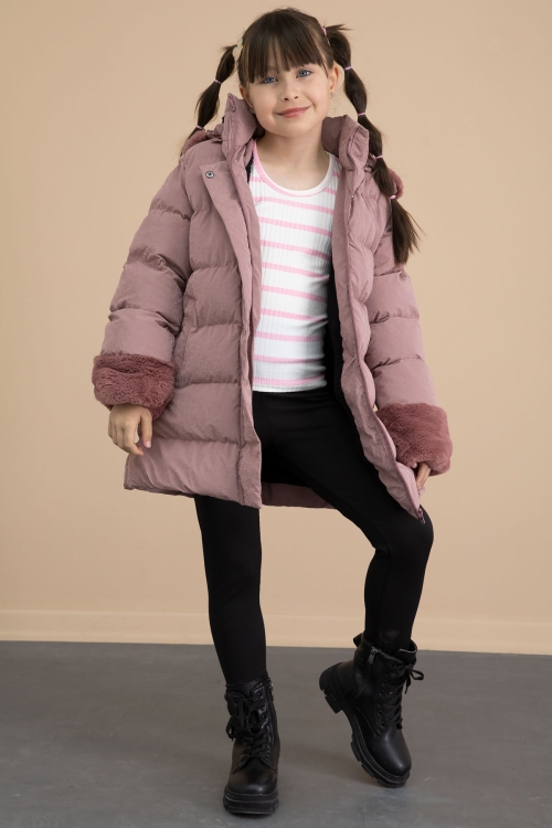 Pembe Kolu Kürk Detaylı İçi Yünlü Kız Çocuk Kapüşonlu Şişme Mont 21329