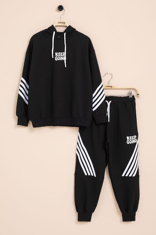 Siyah Erkek Çocuk Keep Going Yazılı Şeritli Erkek Çocuk Kapüşonlu Eşofman Takımı 23416