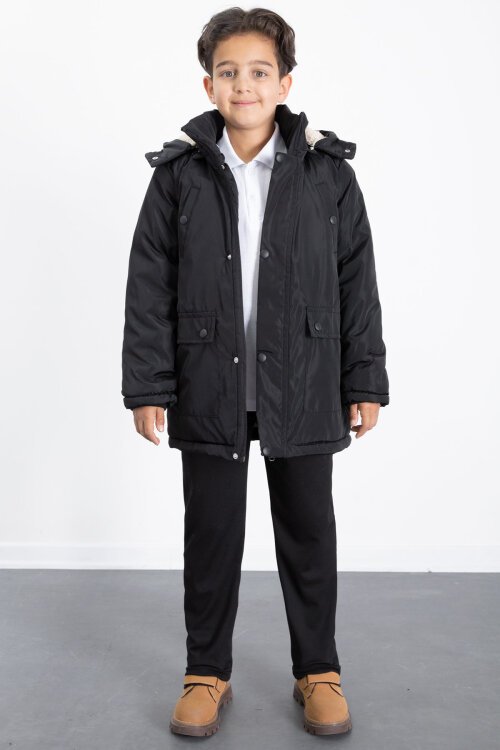 Siyah İçi Kürklü Çıkarılabilir Kapüşonlu Basic Erkek Çocuk Şişme Mont 21439