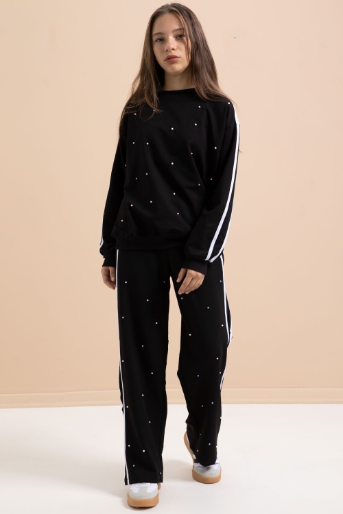 Siyah İnci İşlemeli Bisiklet Yaka Kız Çocuk Şeritli Eşofman Takımı 21291