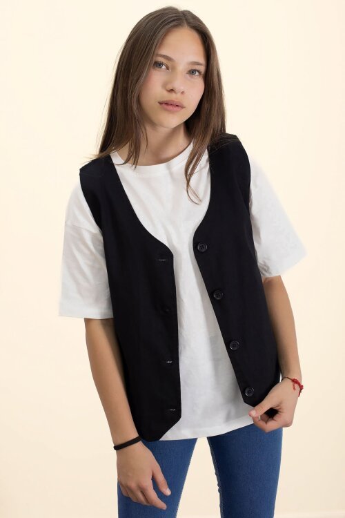 Siyah Keten Düğmeli Yelekli Oversize Tişörtlü Kız Çocuk 2li Takım 21006