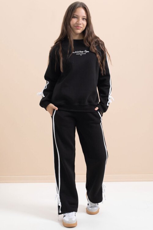 Siyah Kız Çocuk Şerit Detaylı 3 İplik Şardonlu Takım 21513