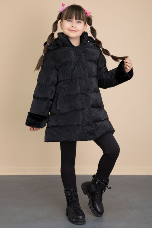 Siyah Kolu Kürk Detaylı İçi Yünlü Kız Çocuk Kapüşonlu Şişme Mont 21326