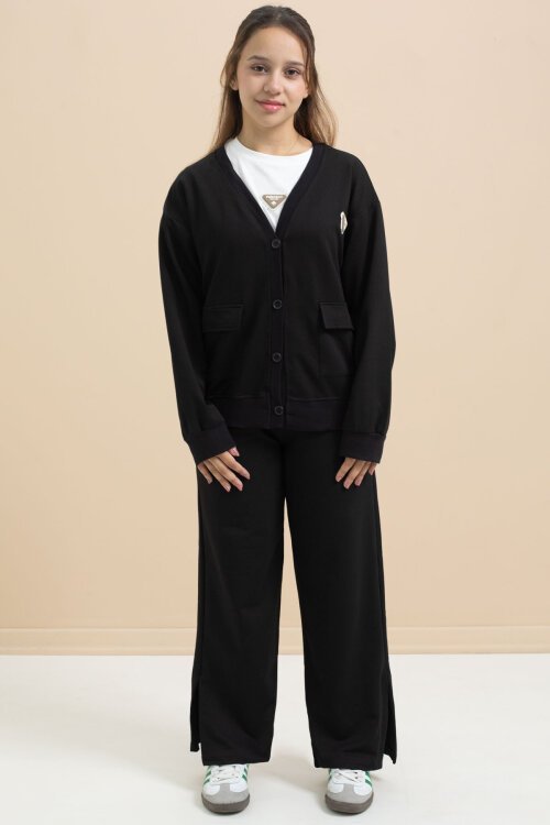 Siyah Logo Detaylı Düğmeli Hırkalı kız Çocuk Yırtmaçlı 3lü Atl-Üst Takım 21374