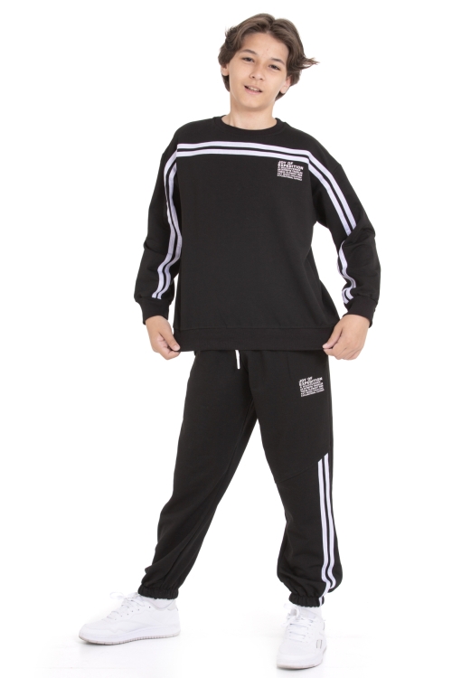 Siyah Şerit Detaylı Bisiklet Yaka Erkek Çocuk Basic Eşofman Takımı 21260