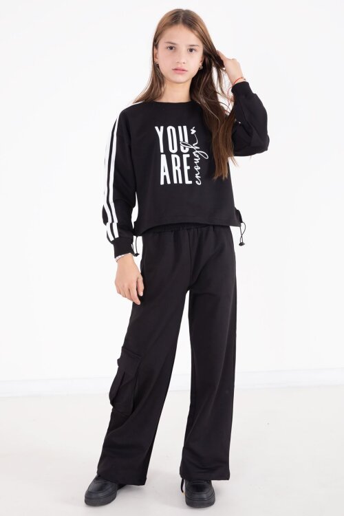 Siyah Yazı Baskılı Kargo Cep Detaylı Kız Çocuk Takım 22775