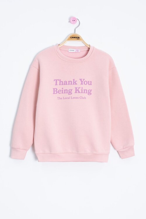 Somon Yazı Baskılı Bisiklet Yaka Kız Çocuk Şardonlu Sweatshirt 23258