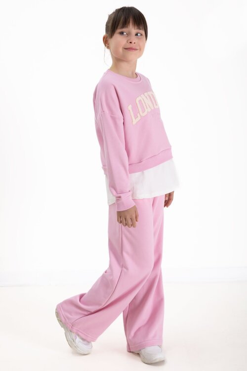 Toz Pembe London Yazılı Nakışlı Kız Çocuk Geniş Paça Eşofman Takımı 22726
