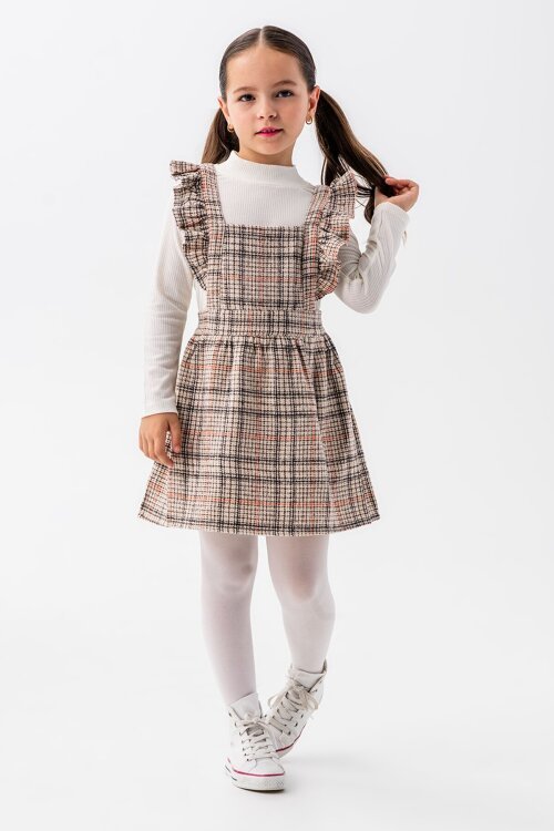 Turuncu Kız Çocuk Ekose Desenli Salopet Takım 22682