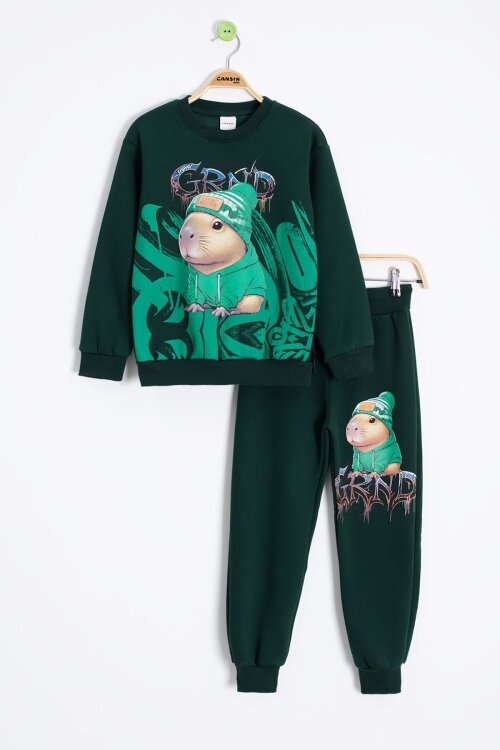 Yeşil Cool Fare Baskılı Şardonlu Erkek Çocuk Eşofman Takımı 23293