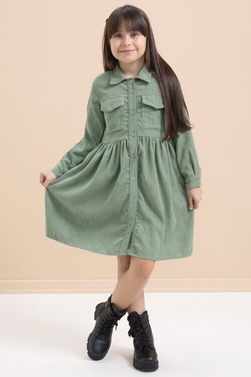 Yeşil Kız Çocuk Cep Detaylı Kadife Desenli Elbise 21547