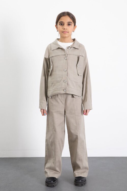 Bej Düğme Detaylı Keten Gömlekli Pantolonlu Kız Çocuk 2li Takım 23518