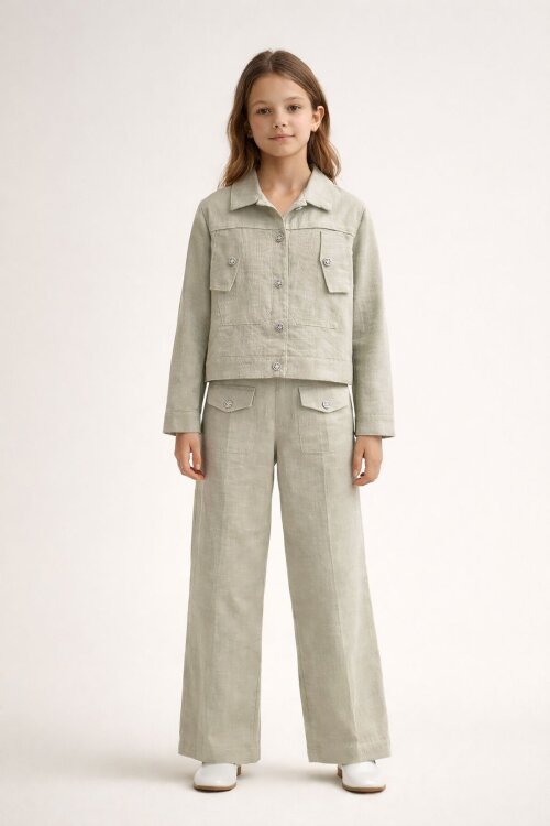 Bej Düğme Detaylı Keten Gömlekli Pantolonlu Kız Çocuk 2li Takım 23518