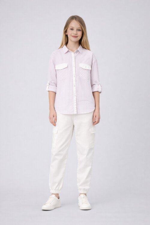 Bej  Kız Çocuk Çizgili Gömlekli Kargo Pantolonlu   2li Takım 23299