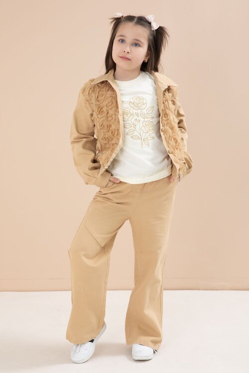 Bej Önü Gül İşlemeli Ceketli Kız Çocuk Pantolonlu 3lü Alt Üst Takım 23608
