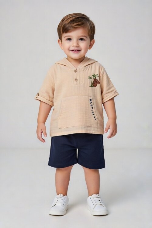 Bej Palmiye Baskılı Kanguru Cepli Erkek Bebek Şortlu Takım 18517