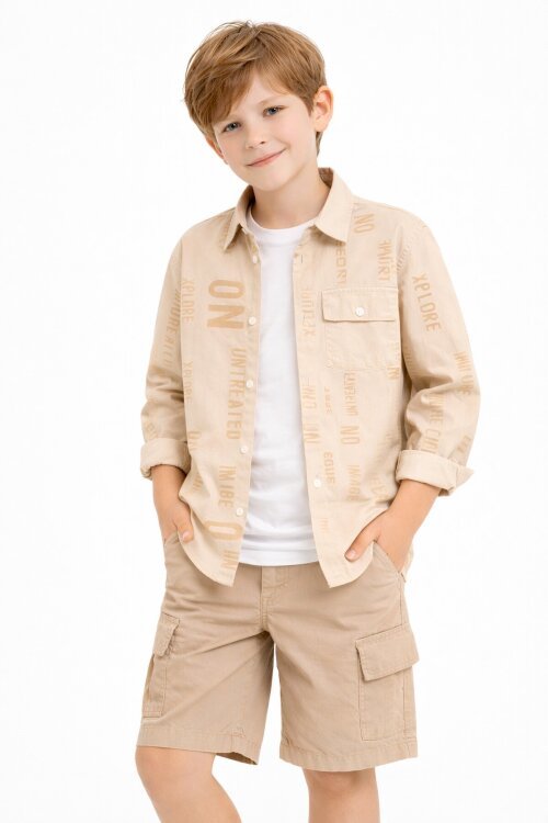 Bej Yazı Baskılı Gömlek Beyaz Tişörtlü Erkek Çocuk 2li Takım 20139