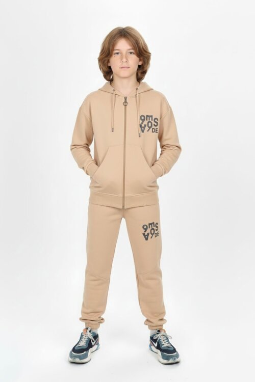 Bej Yazı Baskılı Kapüşonlu Hırkalı Erkek Çocuk Eşofman Takımı 19225