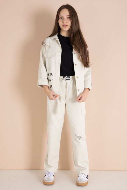 Bej Yazı Detaylı Gömlekli Kız Çocuk Pantolonlu Gabardin Takım 23565