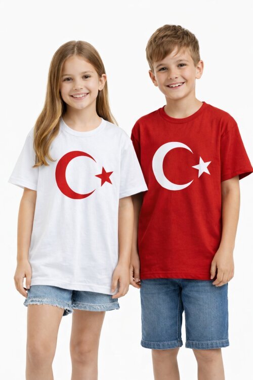 Beyaz Türk Bayrağı Baskılı Bisiklet Yaka Çocuk T-shirt 20551