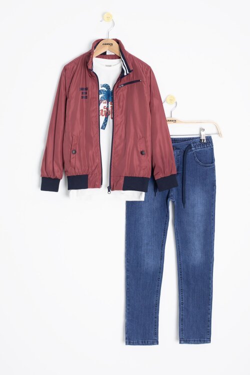 Bordo Palmiye Baskılı Tişörtlü Erkek Çocuk Ceketli 3lü Takım 18837