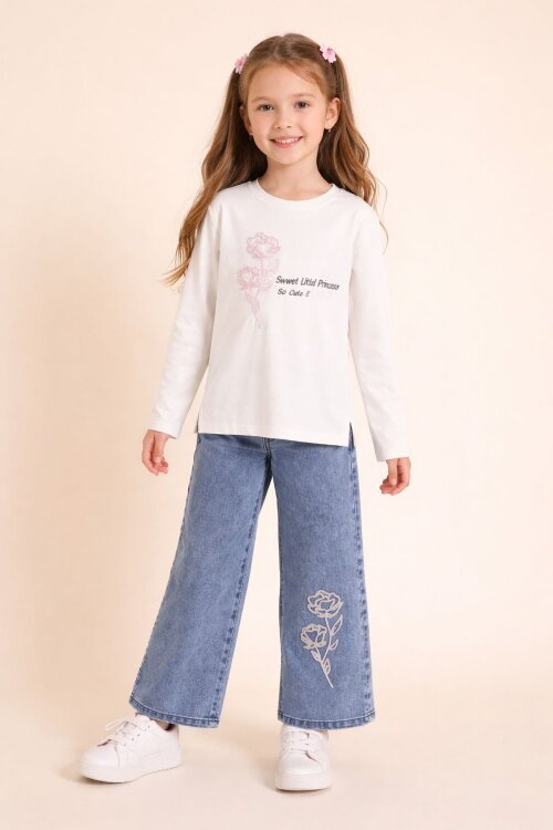 Ekru Gül Nakışlı Badili Jean Pantolonlu Kız Çocuk 2li Takım 23749