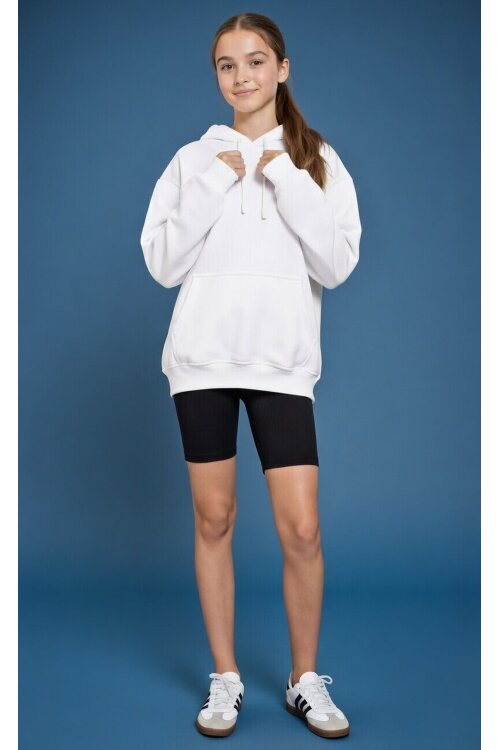 Ekru Kanguru Cepli Basic Şardonlu Kız Çocuk Kapüşonlu Sweatshirt 21210