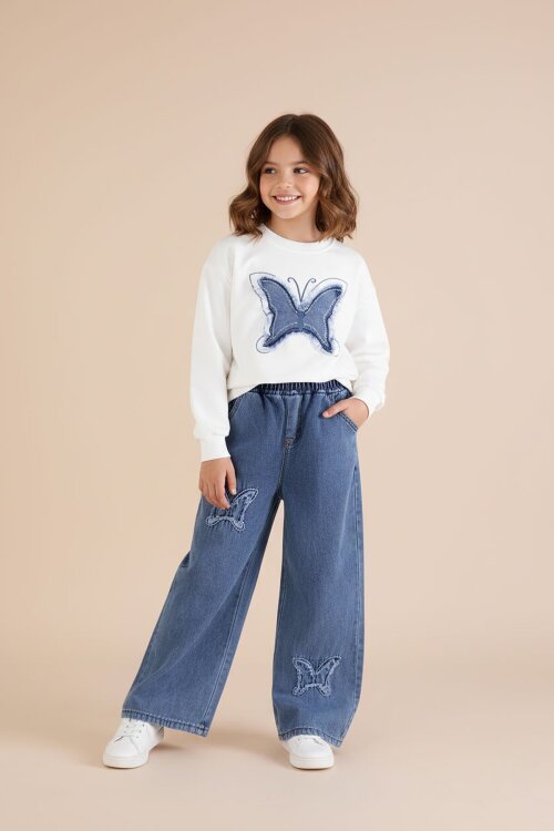 Ekru Kelebek Nakışlı Badili Jean Pantolonlu Kız Çocuk 2li Takım 23413