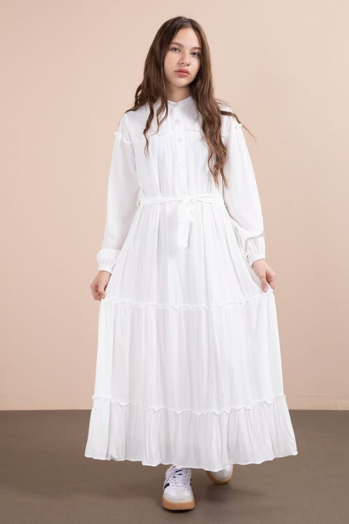 Ekru Kolları Büzgülü Kuşaklı Kız Çocuk Uzun Elbise  23401