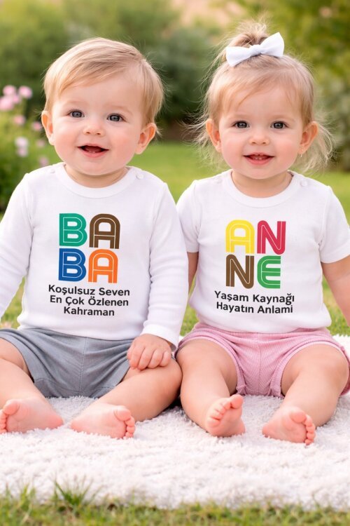 Ekru Organik Pamuk Anne & Baba Yazı Baskılı 2li Bebek Çıtçıtlı Badi 19814