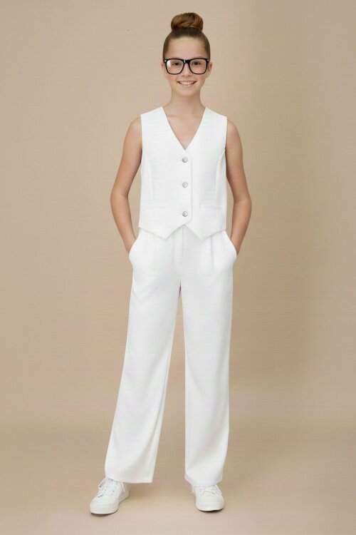 Ekru V Yaka Düğmeli Yelekli Geniş Paça Pantolonlu Kız Çocuk 2li Takım 20725