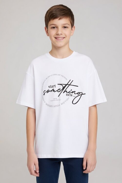 Ekru Yazı Nakışlı Sırtı Baskılı Erkek Çocuk Bisiklet Yaka Tişört 20899
