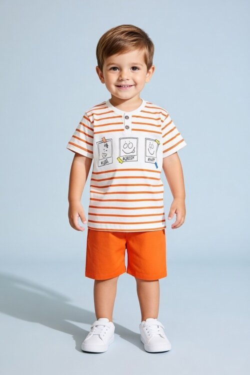 Erkek Bebek Turuncu Çizgili Emoji Baskılı Şortlu Takım 18604
