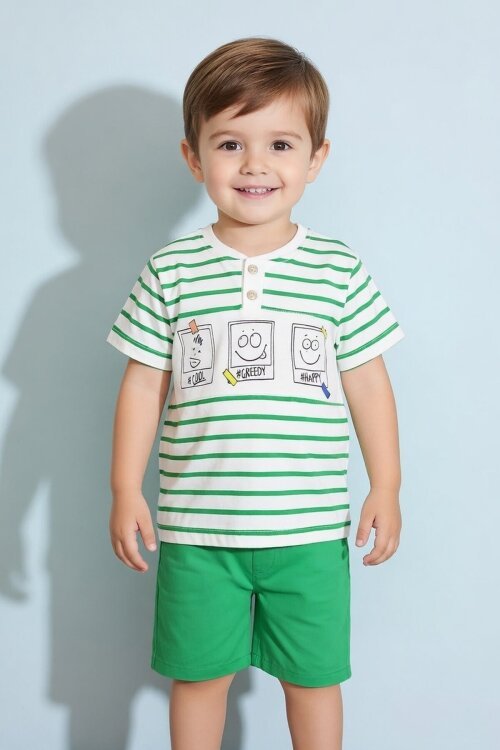 Erkek Bebek Yeşil Çizgili Emoji Baskılı Şortlu Takım 18602