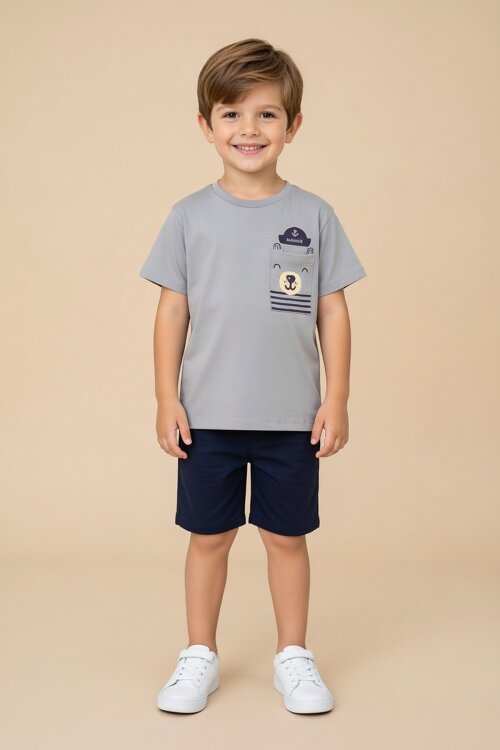 Füme Ayıcık Baskılı Cepli Erkek Bebek Tişört 20936