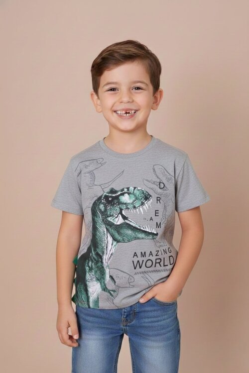 Füme Dinozor Baskılı Bisiklet Yaka Erkek Bebek Tişört 20951