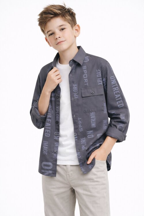 Füme Yazı Baskılı Gömlek Beyaz Tişörtlü Erkek Çocuk 2li Takım 20137