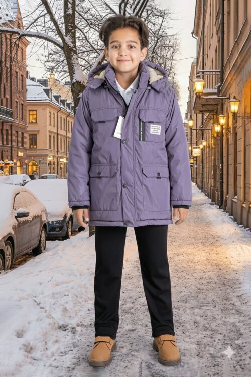 Füme Yazı Detaylı Göğüs Cepli İçi Kürklü Erkek Çocuk Kapüşonlu Mont 21536