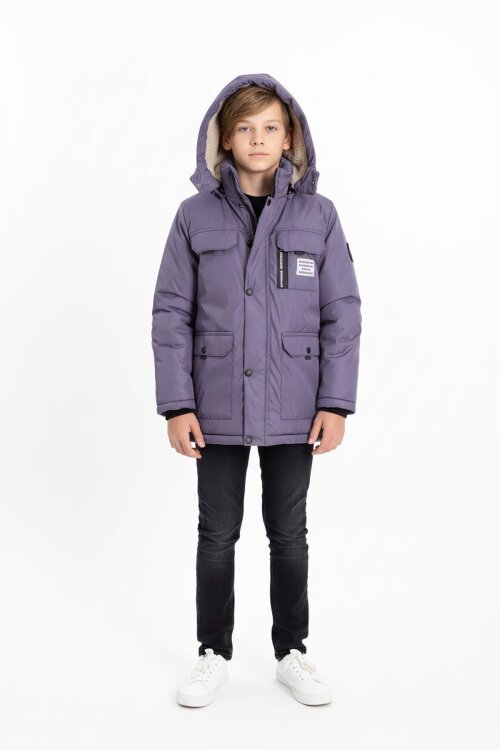 Füme Yazı Detaylı Göğüs Cepli İçi Kürklü Erkek Çocuk Kapüşonlu Mont 21536