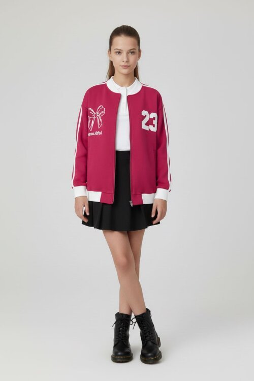 Fuşya Beautifull Yazılı Kolu Şeritli Kız Çocuk Kolej Hırka 21194