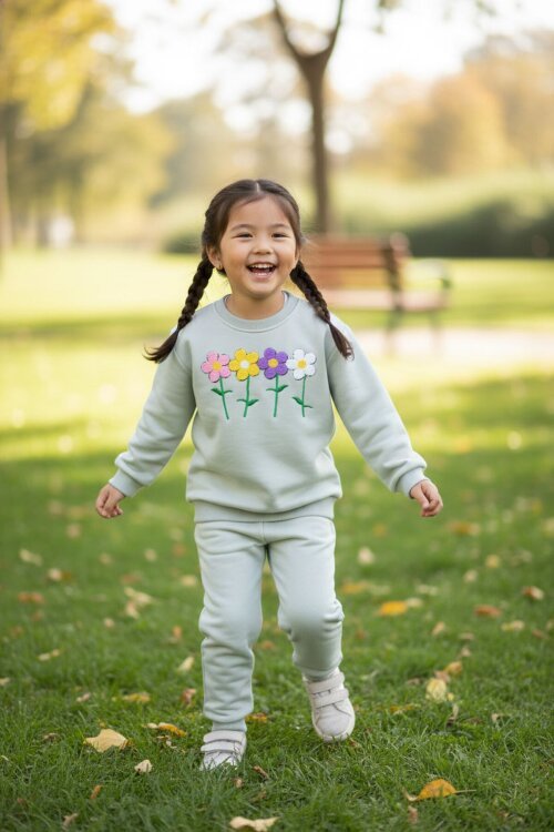 Gri Çiçek Nakışlı Şardonlu Kız Çocuk Eşofman Takımı 23364