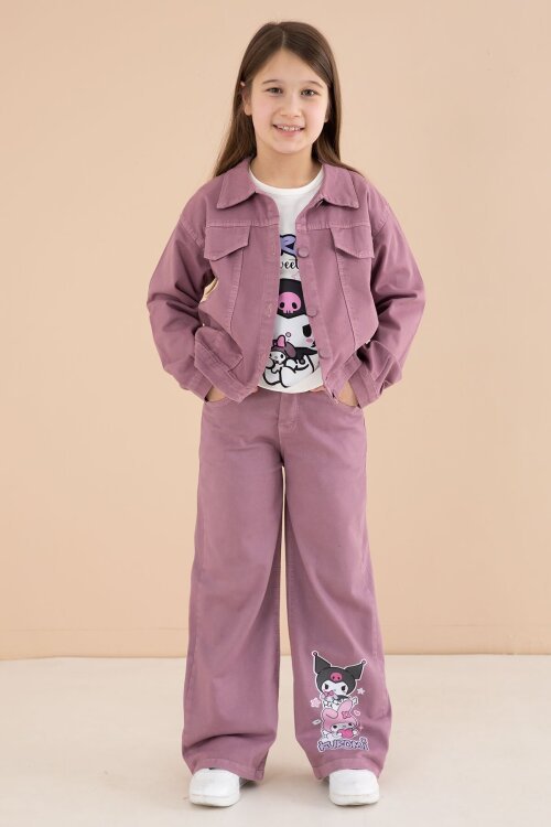 Gül Kurusu Cep Detaylı Ceketli Baskılı Tişörtlü Kız Çocuk 3lü Pantolonlu Takım 23591