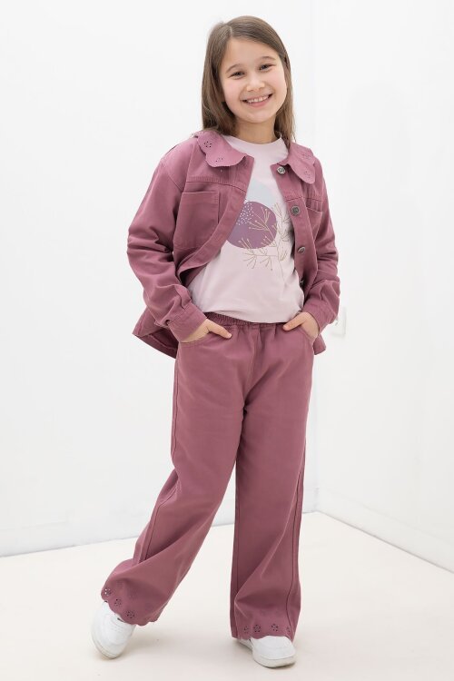Gül Kurusu Çiçek Yaka Detaylı Ceketli Kız Çocuk Pantolonlu 3lü Takım 23633