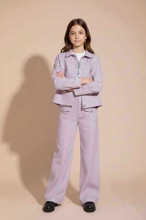 Gül Kurusu Düğme Detaylı Keten Gömlekli Pantolonlu Kız Çocuk 3lü Takım 23497