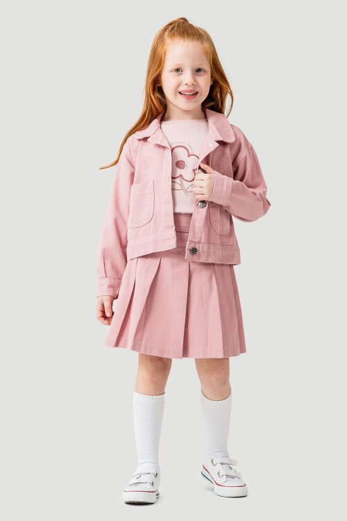 Gül Kurusu Papatya Nakışlı Ceketli Kız Çocuk Jean Ceketli 3lü Takım 23434