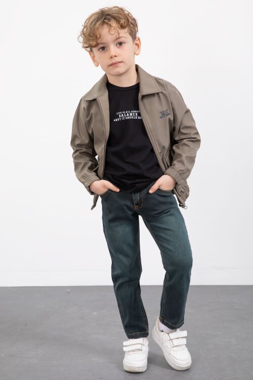 Haki Çıtçıt Cepli Ceketli Jean Pantolonlu Erkek Çocuk 3lü Takım 23385