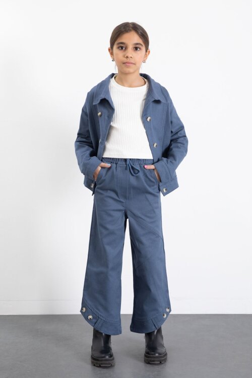 İndigo Çift Düğme Detay Gömlekli Pantolonlu Kız Çocuk Gabardin Takım 23542