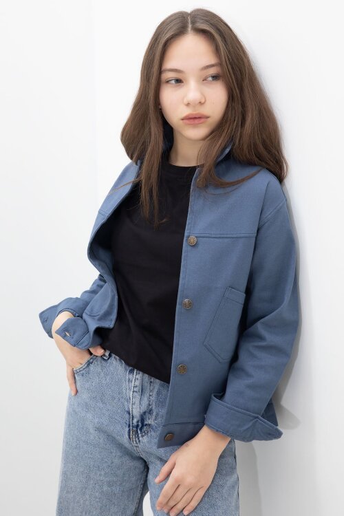 İndigo Sırtı Düğme Detaylı Kız Çocuk Gabardin Kumaş Ceket 23576