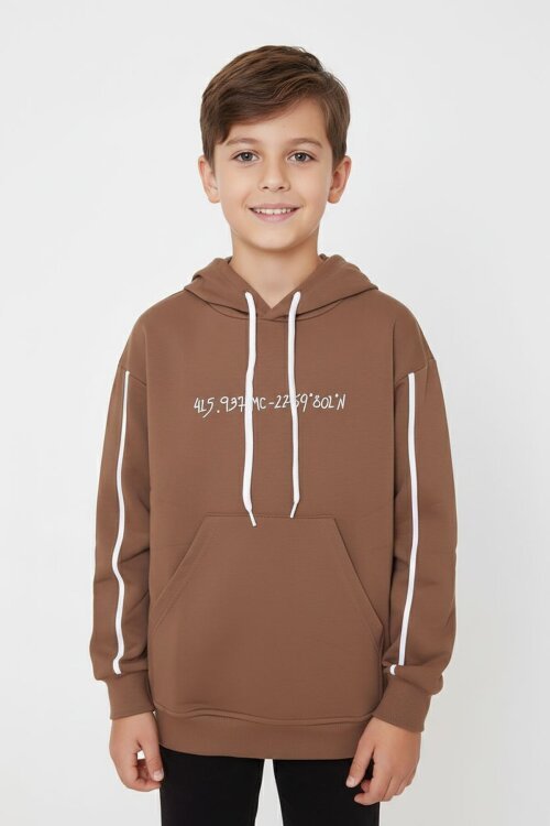 Kahverengi Baskılı Erkek Çocuk Şeritli Kapüşonlu Sweatshirt 19218